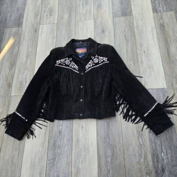 Cripple Creek vintage cowgirl jacket black with studs and tassels large htf - Picture 2 of 15